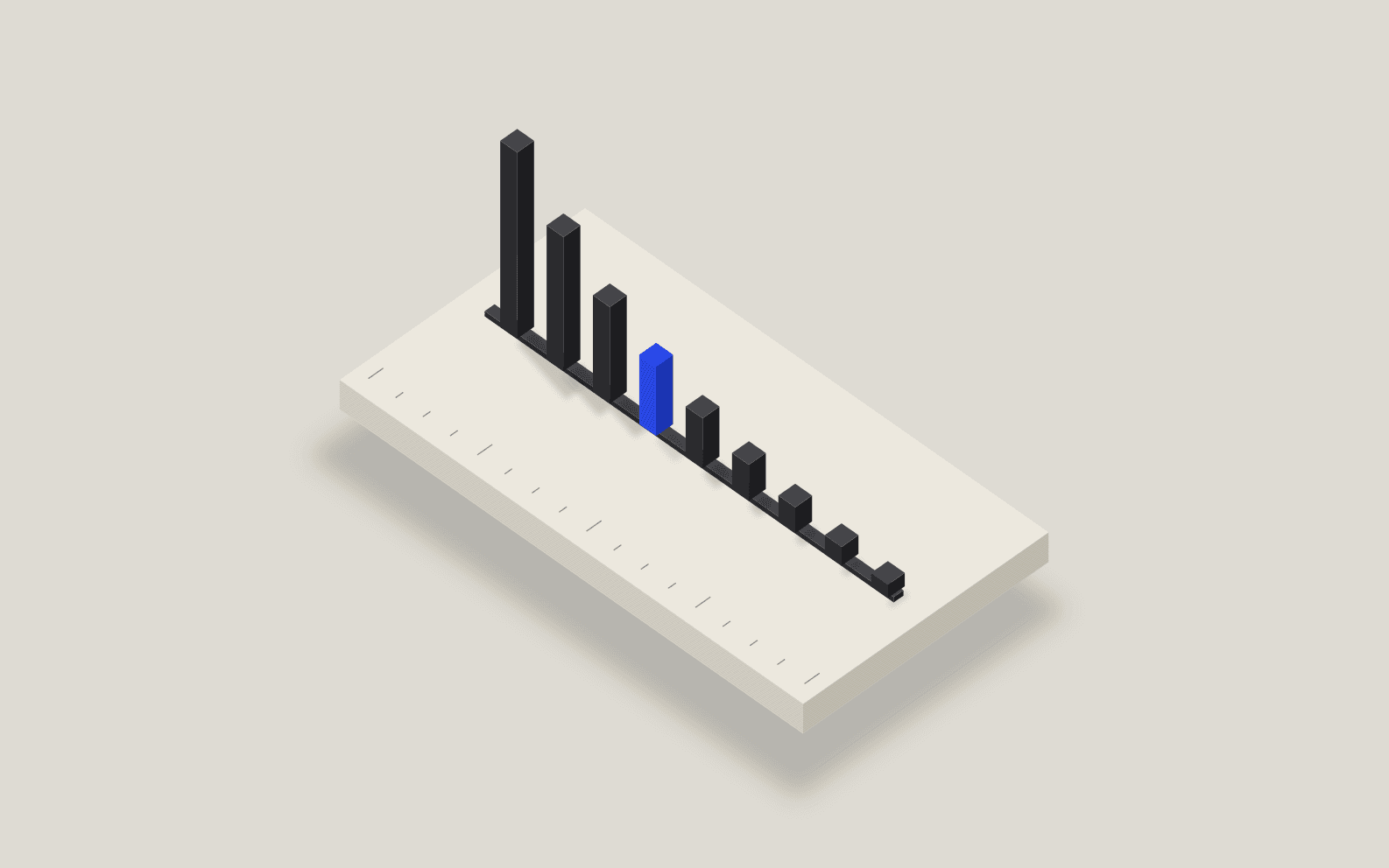 Graphite posts of decreasing height along a rail on an ivory paper slab, with one cobalt marker